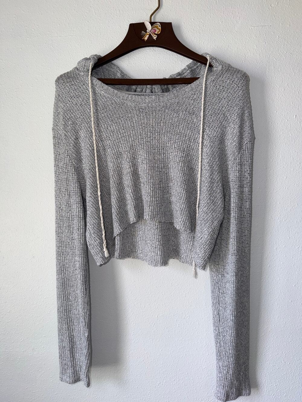 Aeropostale Gray Knit Cropped Hooded Sweater Size Large